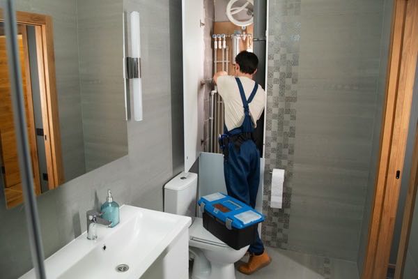 Plumber working on supply piping beside a toilet in a Denver bathroom